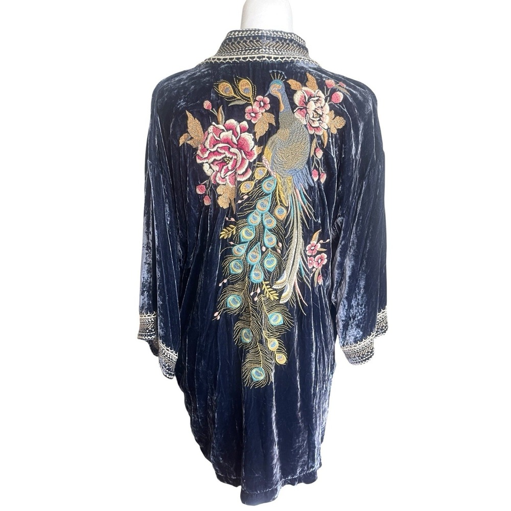 Johnny Was Quito Velvet Silk Navy Blue Kimono Duster Peacock Embroidered Sz S - Picture 13 of 16